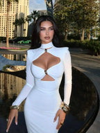 Turtleneck Straight-Fit Mesh Maxi Dress - Piña Colada