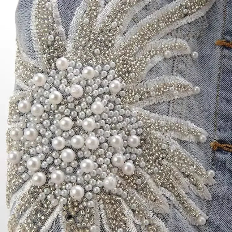 Beaded Lace Denim Vest - Piña Colada