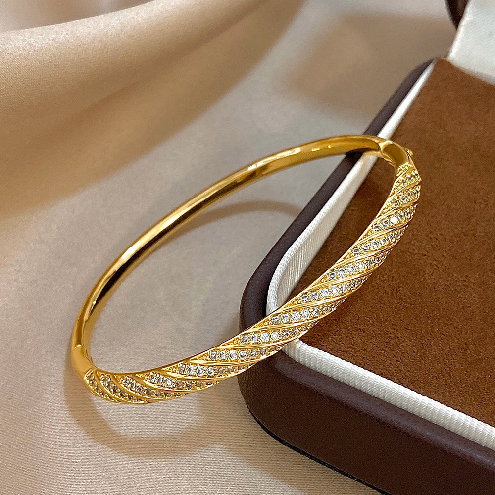 Gold Zircon Twisted Bangle Bracelet