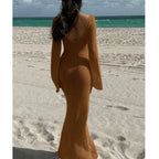 Knitting Hollow Out V-Neck Long Sleeve Dress - Piña Colada
