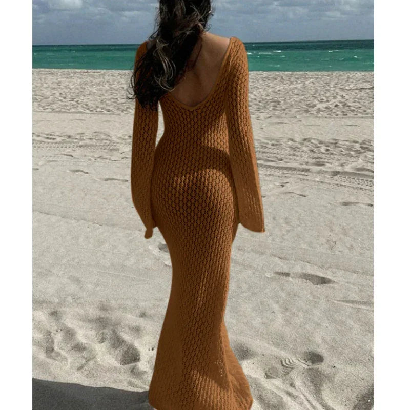 Knitting Hollow Out V-Neck Long Sleeve Dress - Piña Colada