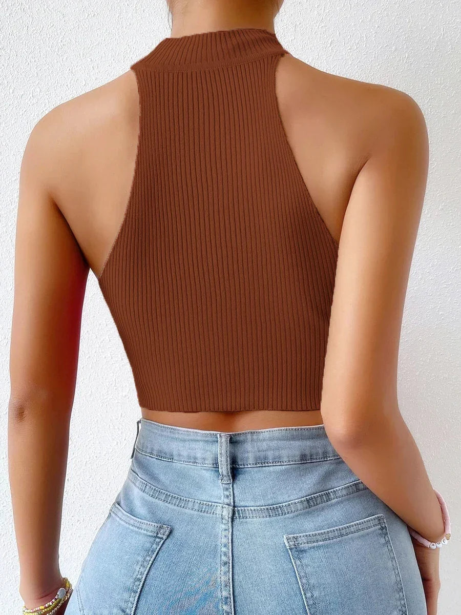 Backless Ribbed Knit Halter Crop Top – Slim Fit Casual Streetwear - Piña Colada