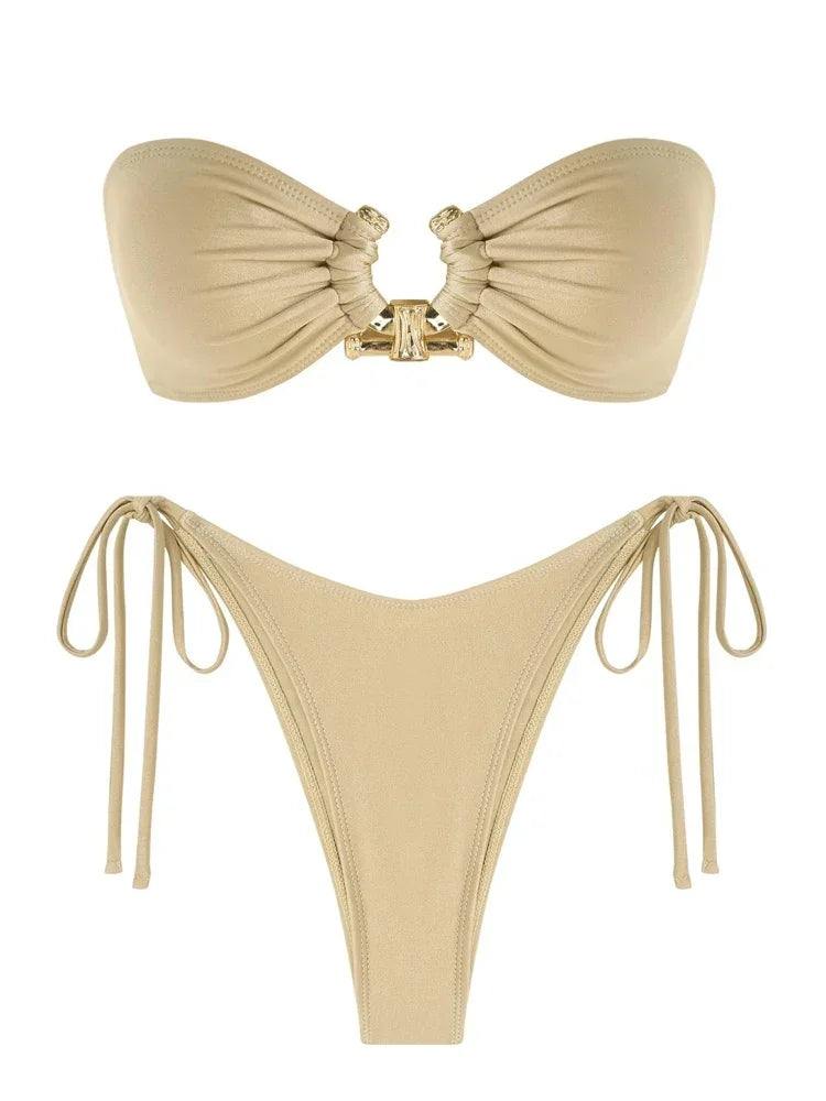 Solid Ring Detail Bikini Set - Piña Colada