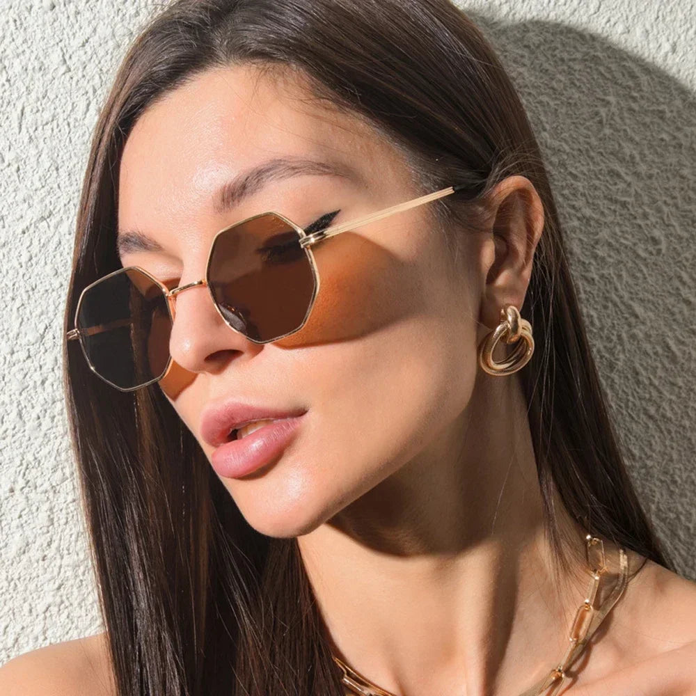 Vintage Octagon Metal Sunglasses – UV400 Polygon Goggles for Women - Piña Colada