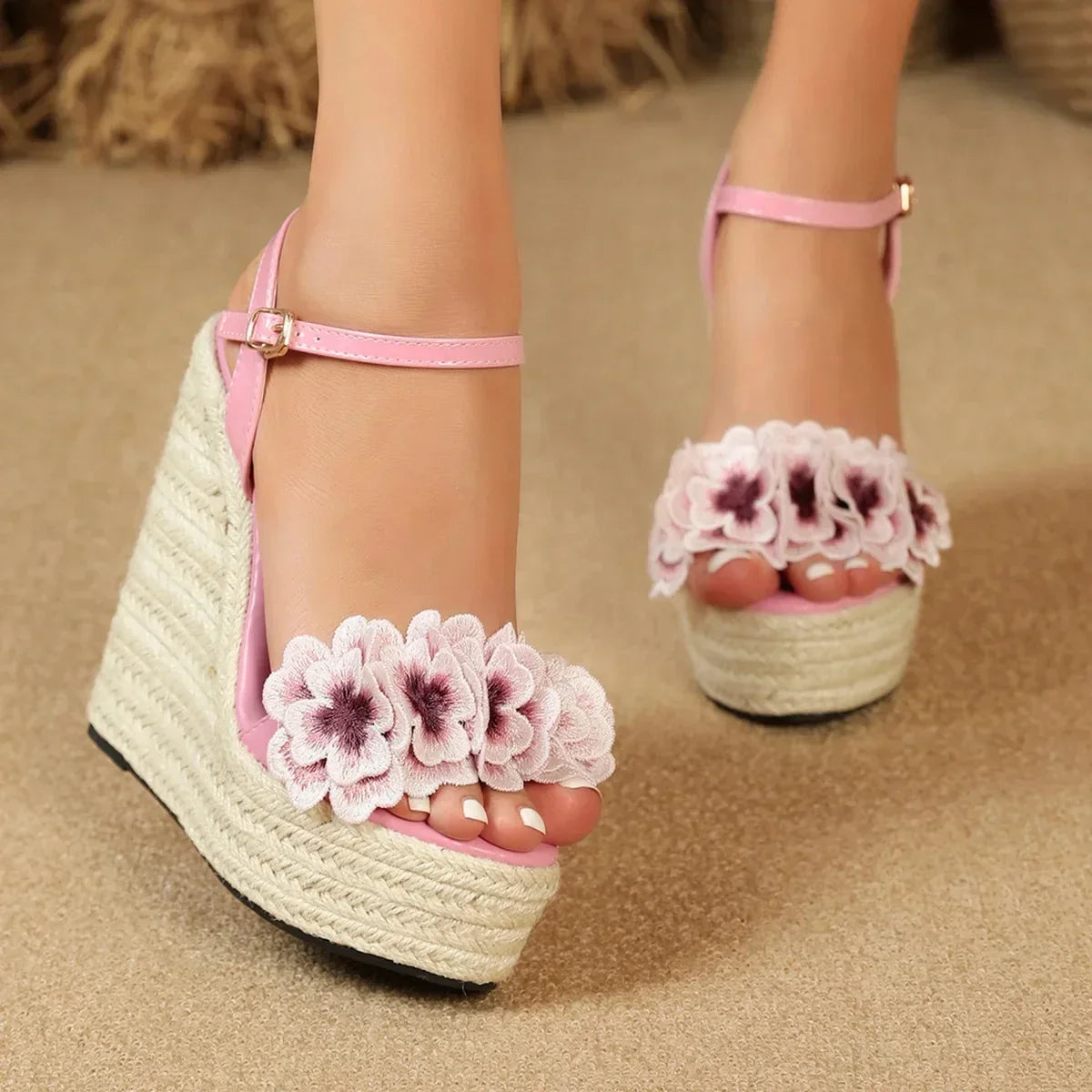 Wedge Sandals with Flower - Piña Colada