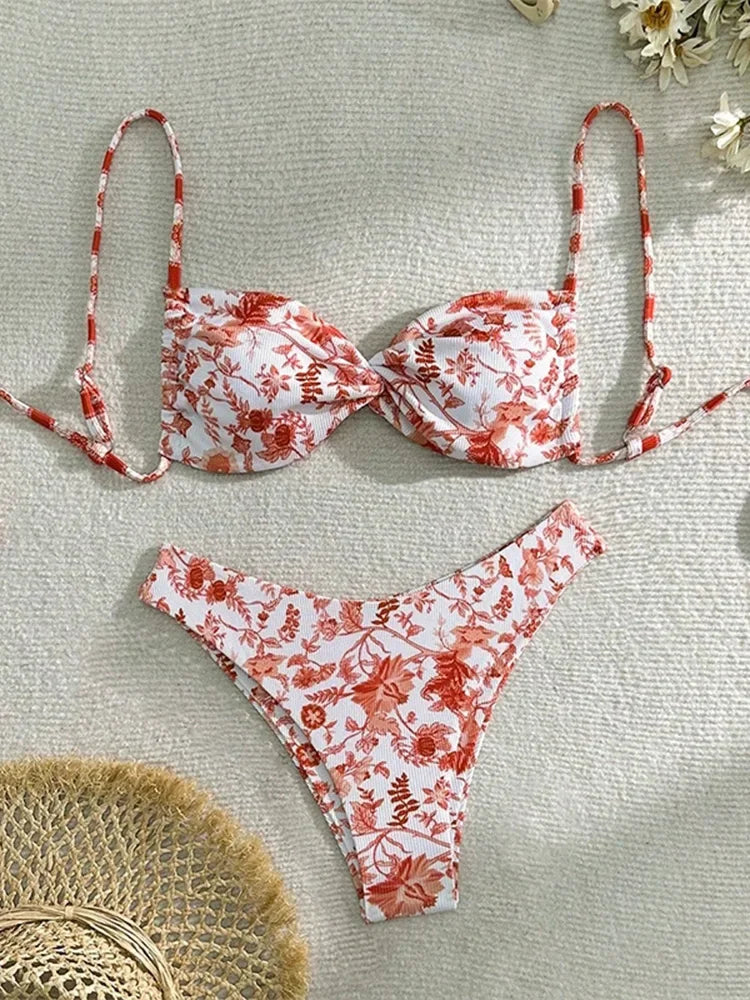 Sexy Print Laced Up Bikini 2 Piece Set - Piña Colada