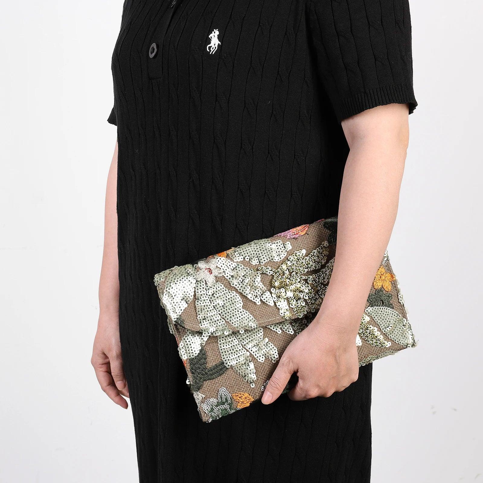 Floral Sequin Straw Clutch - Piña Colada