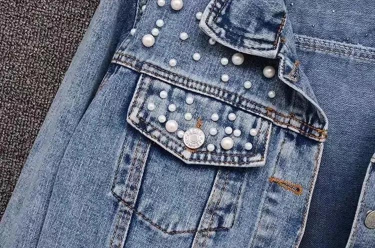 Pearl Beaded Denim Jacket - Piña Colada