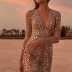 Deep V Neck Long Sleeve Shiny Dress - Piña Colada