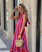Stripe Print Halter Neck Long Dress