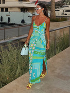 Chic Print Sling Long Dress Women Sleevless Backless - Piña Colada