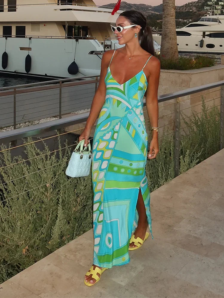 Chic Print Sling Long Dress Women Sleevless Backless - Piña Colada
