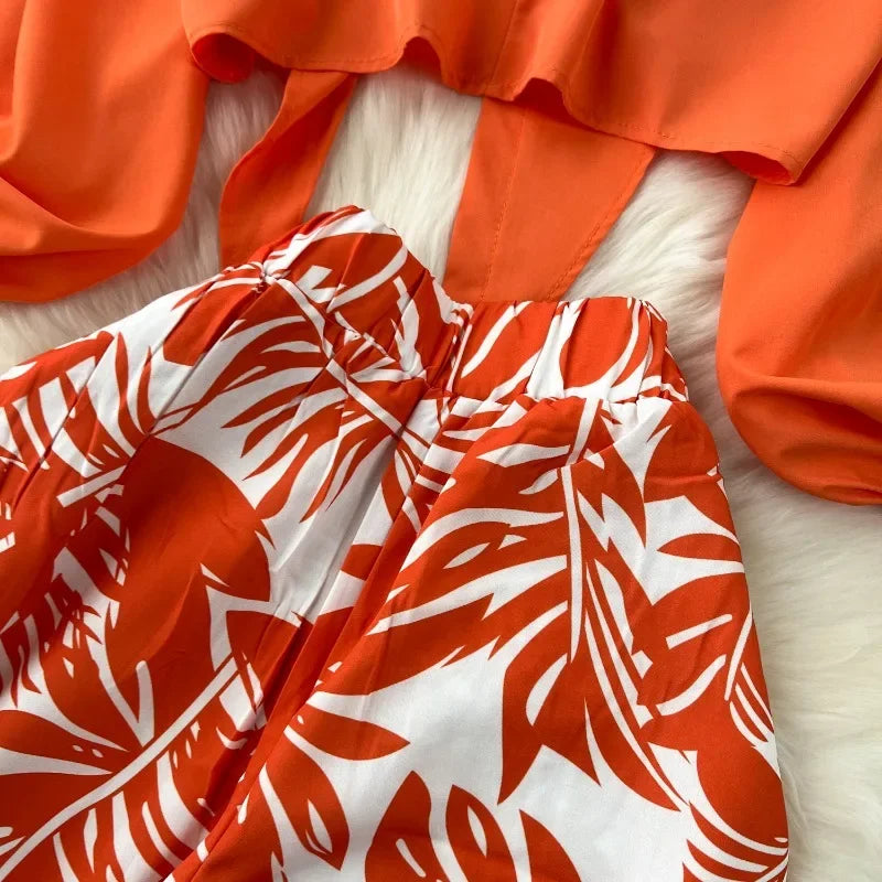 Vintage Sleeve Short Zip Up Shirt Top + Print High Waist Wide Leg - Piña Colada