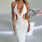 Backless Hollow-Out Knit Cover-Up Dress – Beach Vacation Style - Piña Colada