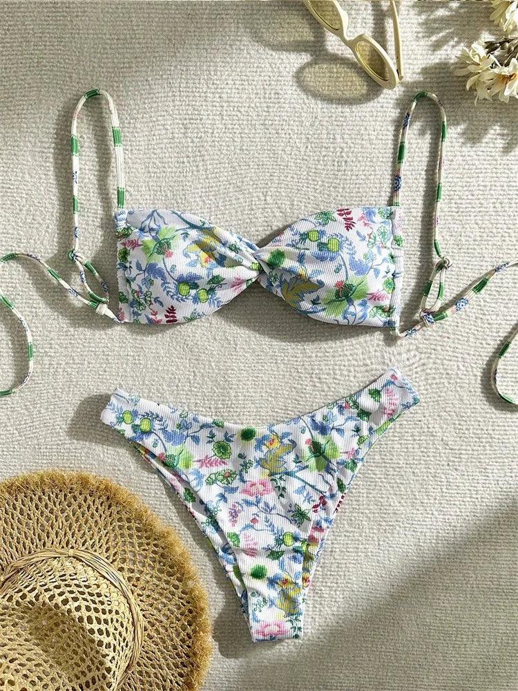 Sexy Print Laced Up Bikini 2 Piece Set - Piña Colada