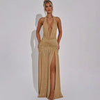 Halter Backless Silk V-neck Dress - Piña Colada