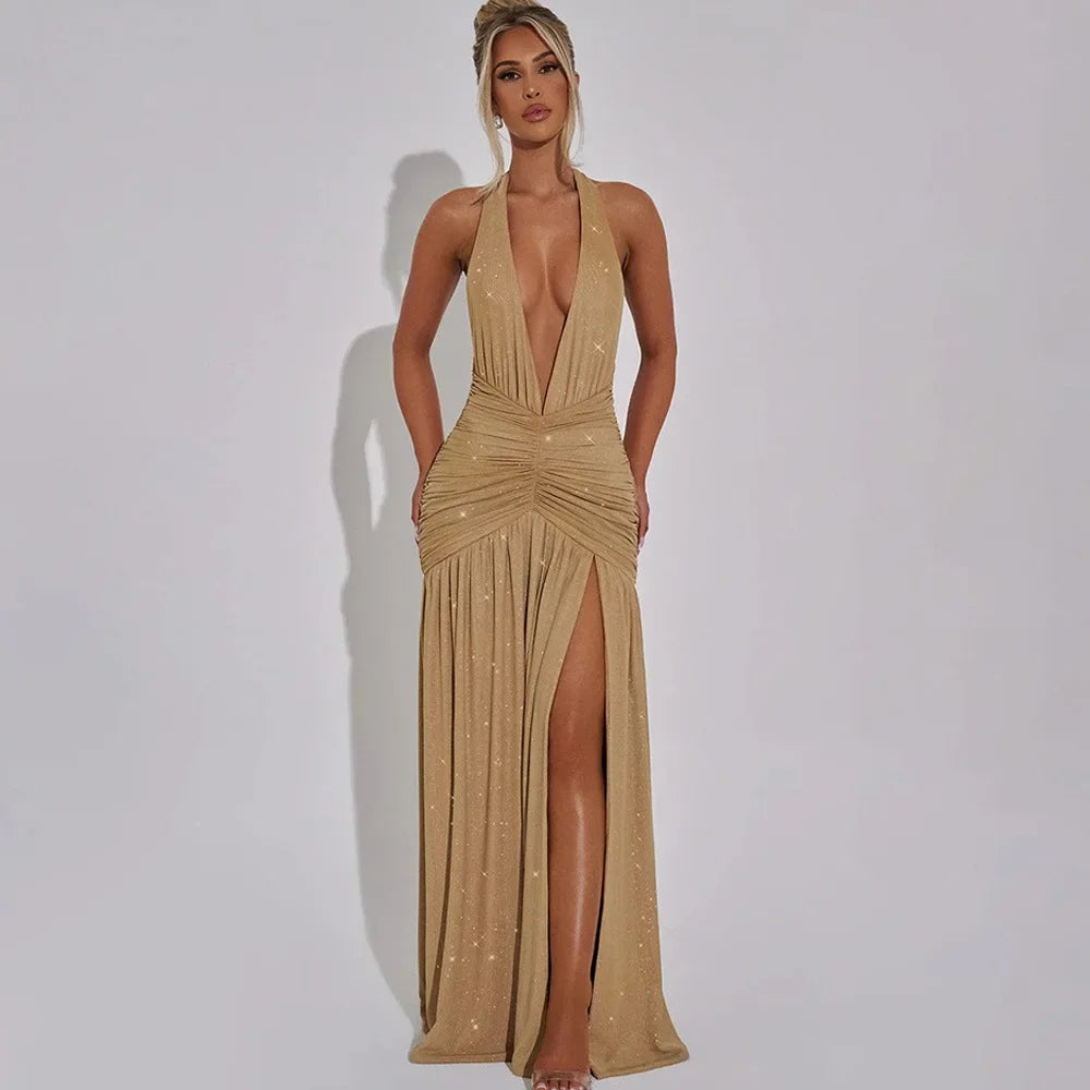 Halter Backless Silk V-neck Dress - Piña Colada