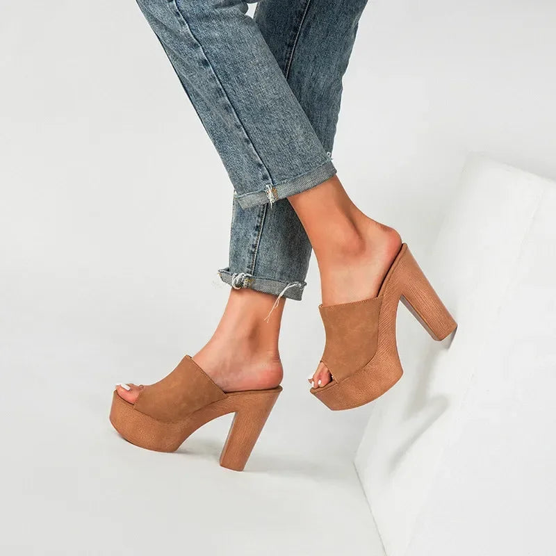 Roma Flock Platform Slides – Chunky Summer Heels for Women - Piña Colada