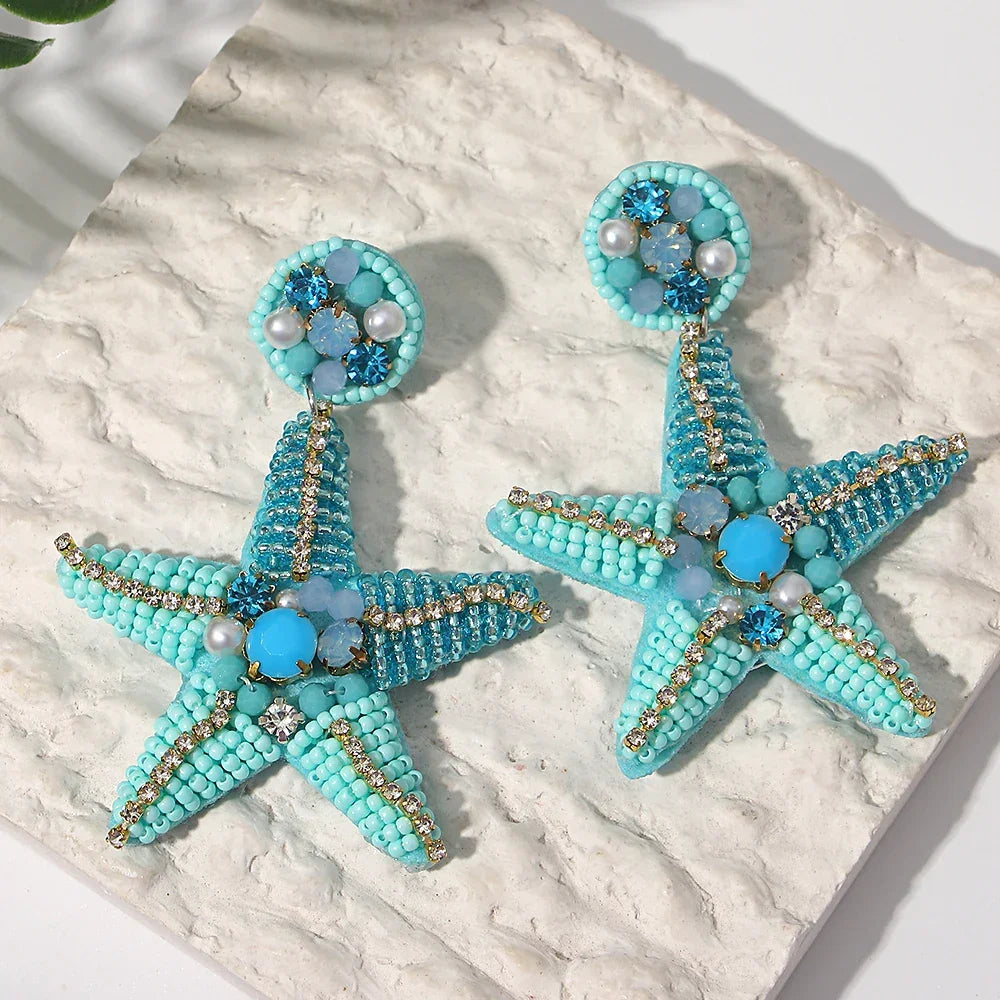 Handmade Beaded Blue Starfish Drop Earrings - Piña Colada
