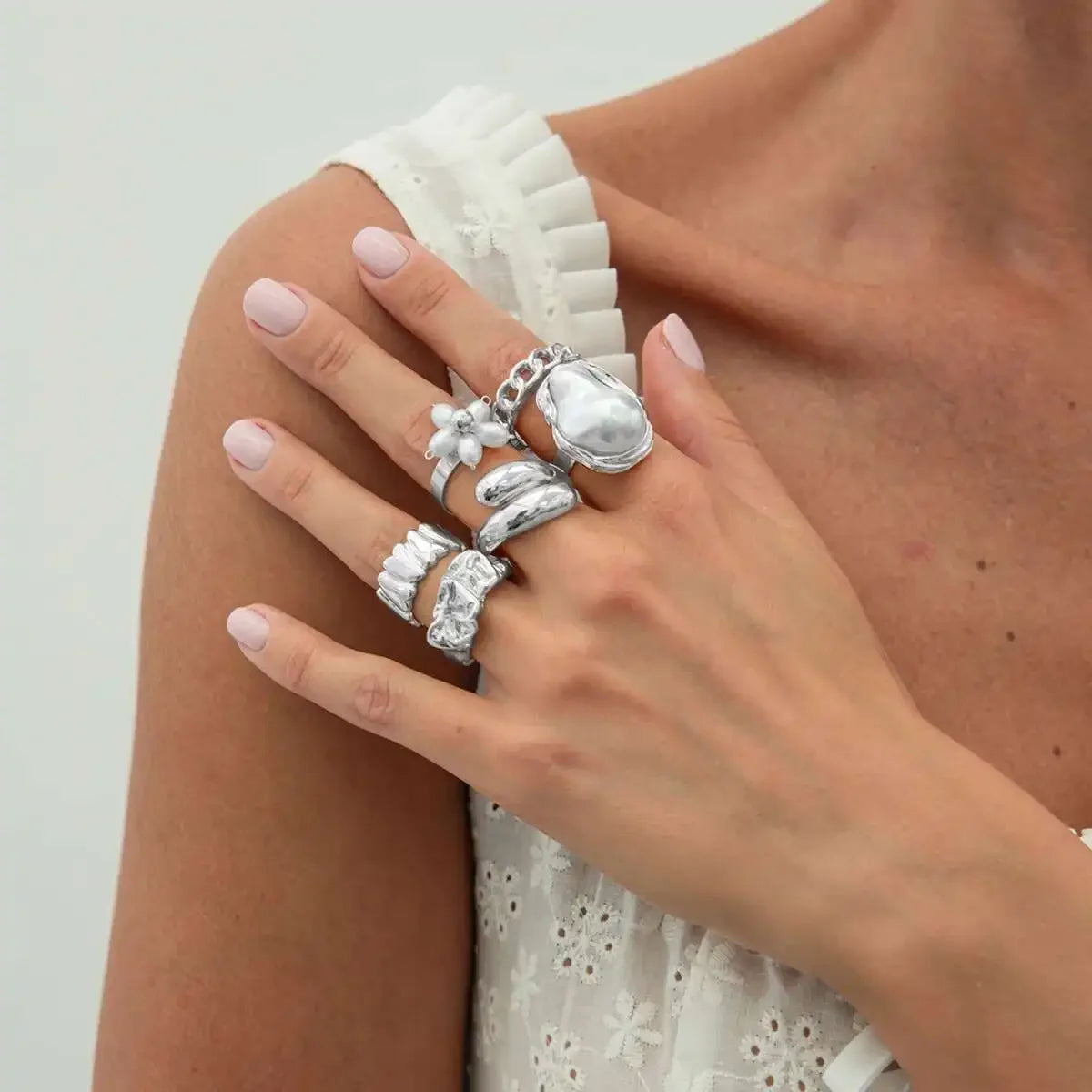 6Pcs/set Pearl Open Irregular Pleated Rings - Piña Colada