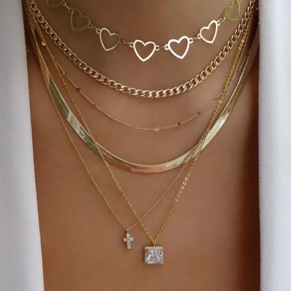 Boho Multi-Layer Gold Crystal Pendant Necklace Set - Piña Colada
