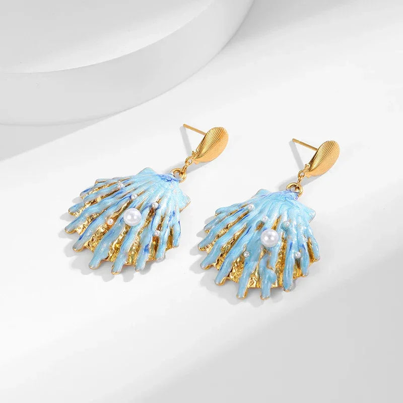 Blue Shell Earrings - Piña Colada
