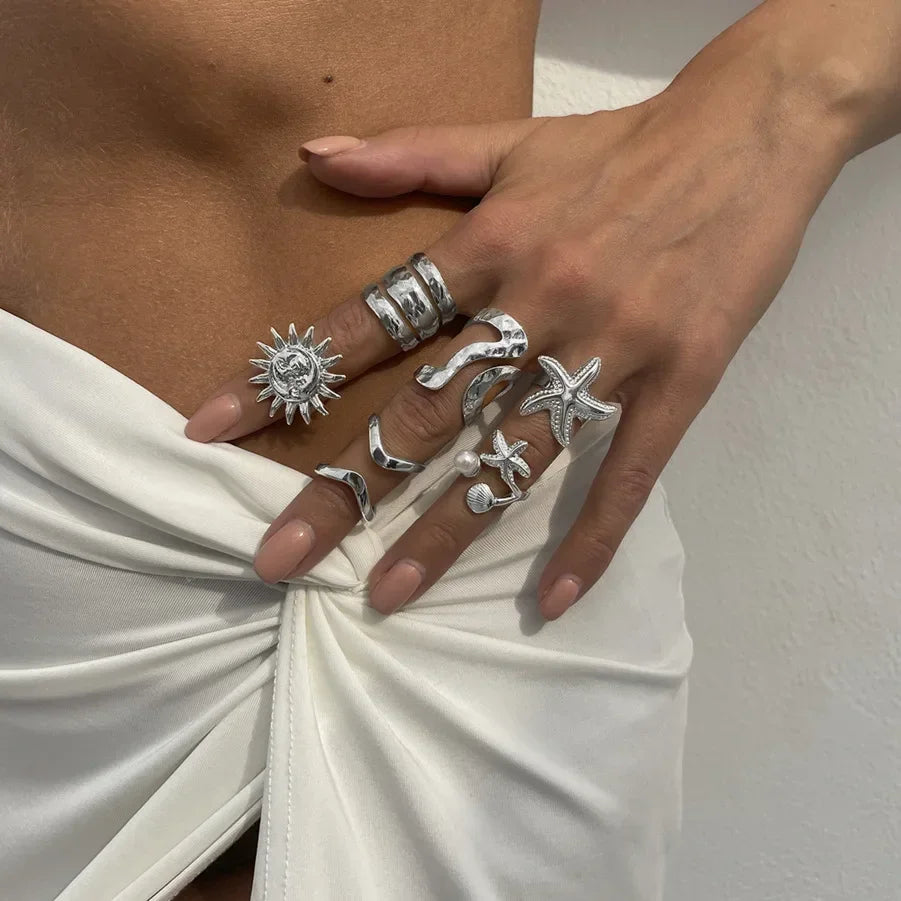 6Pcs/Set Vintage Sun Starfish Open Rings - Piña Colada