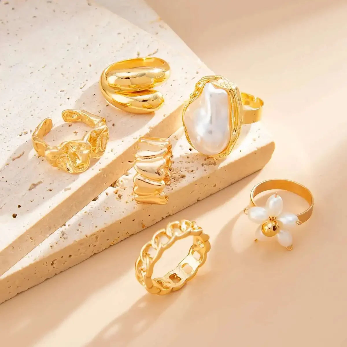 6Pcs/set Pearl Open Irregular Pleated Rings - Piña Colada