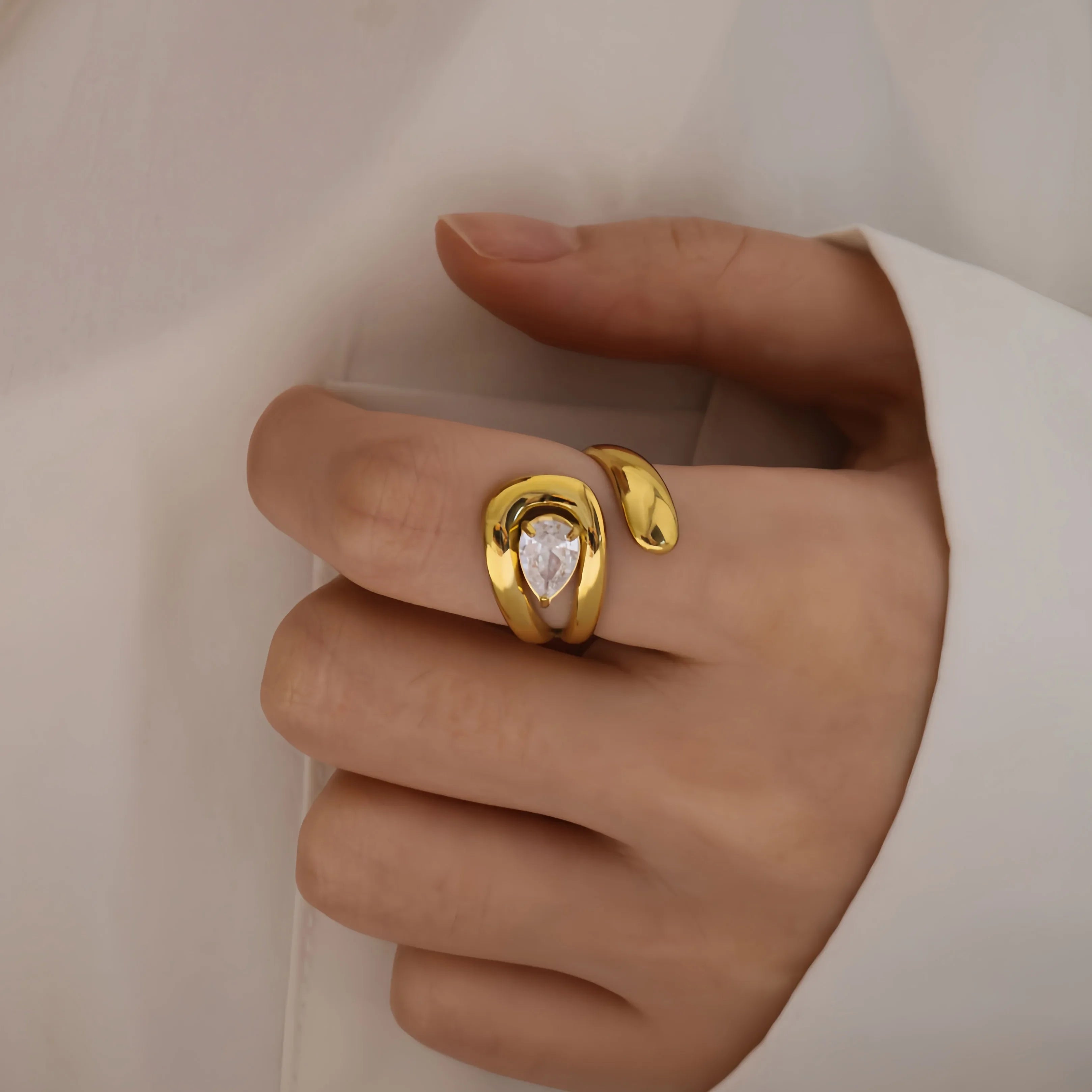 18K Gold Plated Geometric Ring – Waterproof Stainless Steel with Zircon Inlay - Piña Colada