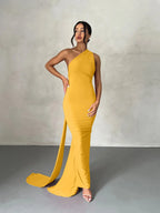 One Shoulder Backless Adjustable Scarf Maxi Dress - Piña Colada