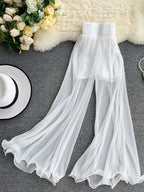 Light Chiffon Flowy Flare Pants – High Waist Summer Casual - Piña Colada