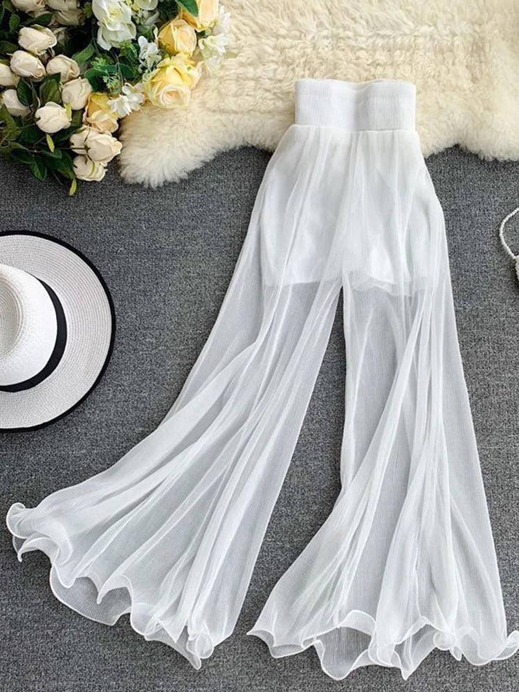 Light Chiffon Flowy Flare Pants – High Waist Summer Casual - Piña Colada