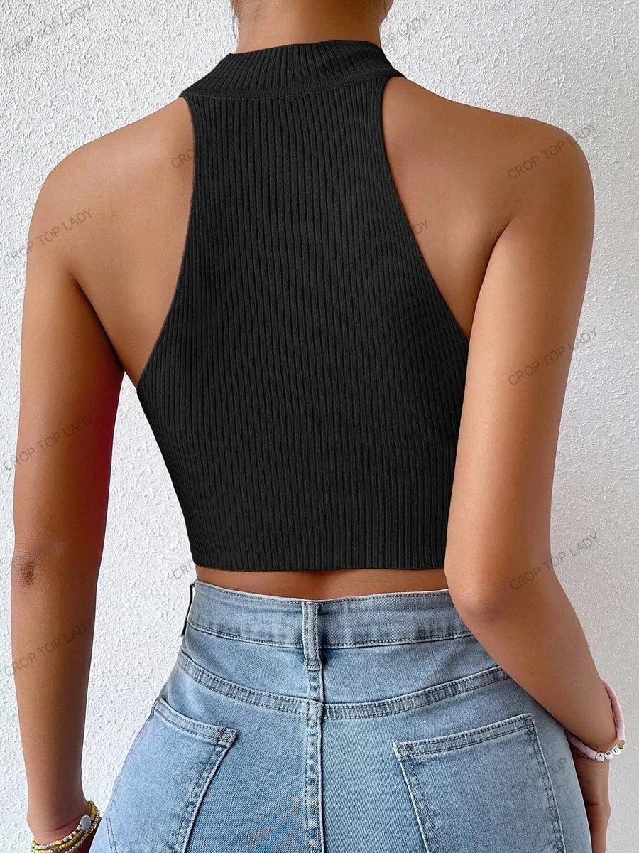 Backless Ribbed Knit Halter Crop Top – Slim Fit Casual Streetwear - Piña Colada