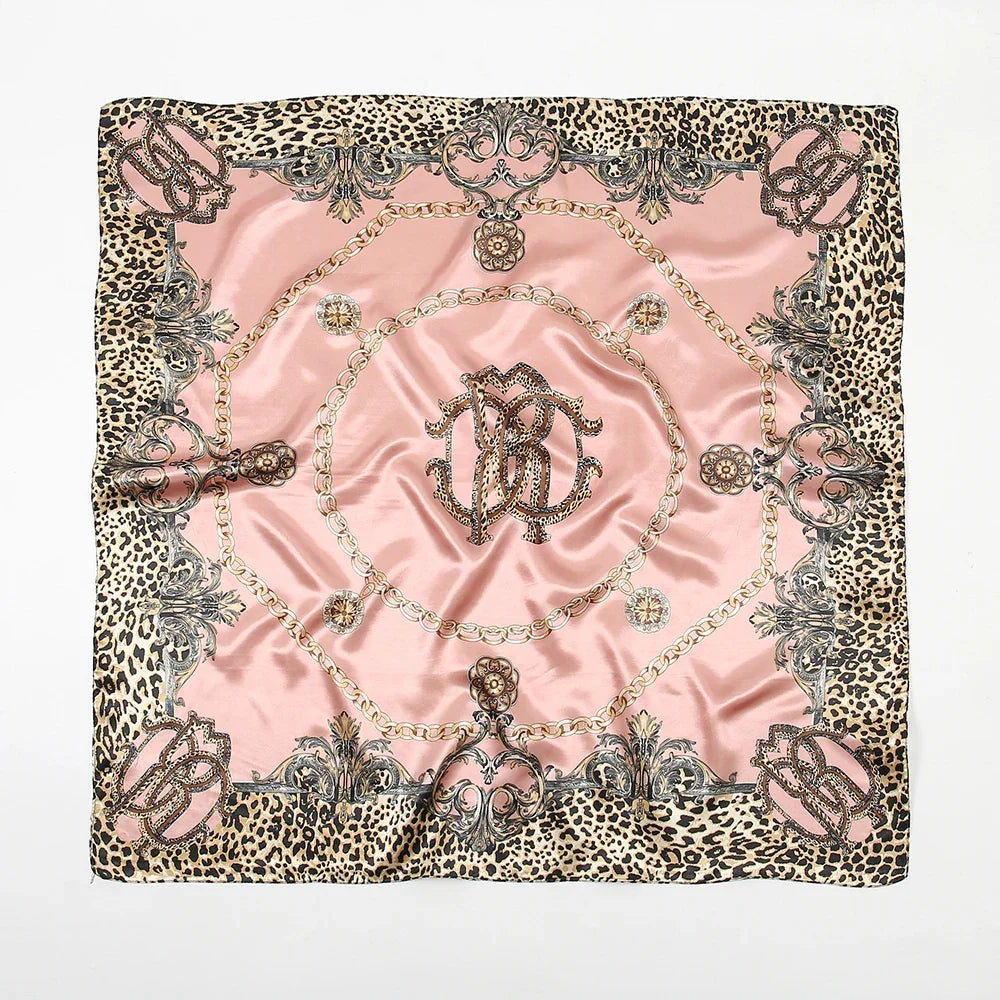 Leopard Print Square Scarf Satin Silk - Piña Colada