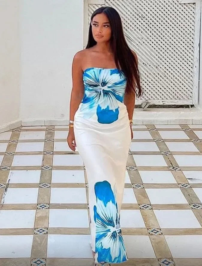 Flower Print Strapless Long Dress - Piña Colada