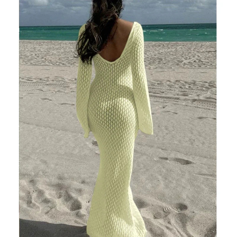 Knitting Hollow Out V-Neck Long Sleeve Dress - Piña Colada