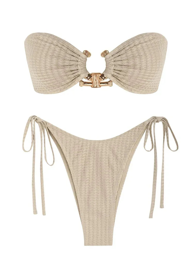 Solid Ring Detail Bikini Set - Piña Colada