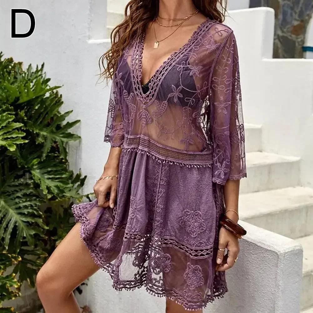 Bikini Cover-up Deep V-neck Short Sleeve Dress - Piña Colada