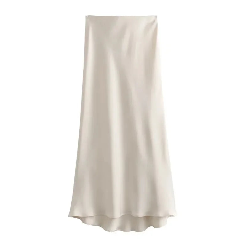 Elegant Satin Midi Skirt – Office Chic Mid-Calf Silhouette - Piña Colada