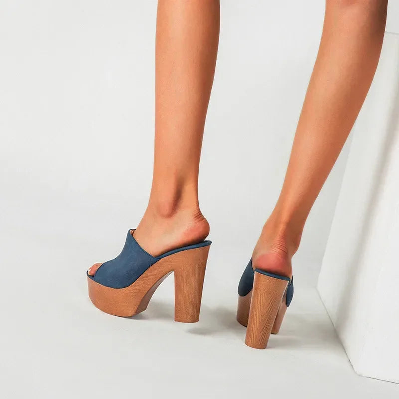 Roma Flock Platform Slides – Chunky Summer Heels for Women - Piña Colada