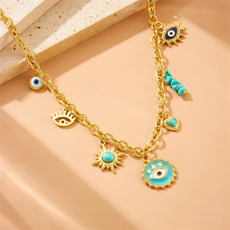 Stainless Steel Turquoise Eye Pendant - Piña Colada