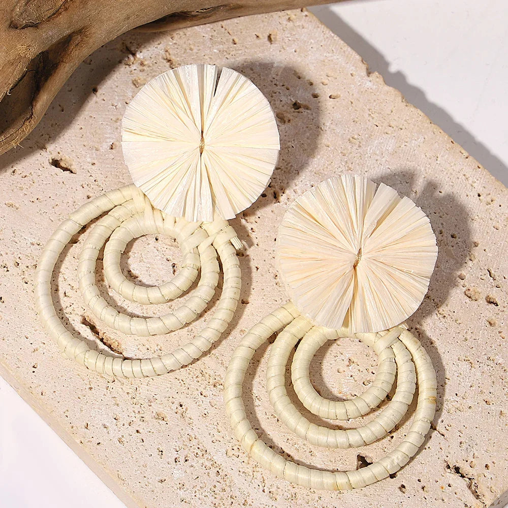 Handmade Two Tone Rattan Knit Wrapped Round Drop Earrings for Women - Piña Colada