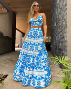 Draped Print V-Neck Maxi Dress – Beachwear Edition - Piña Colada