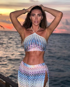 Printed Tube Top & Mesh Halter Pants Set - Piña Colada