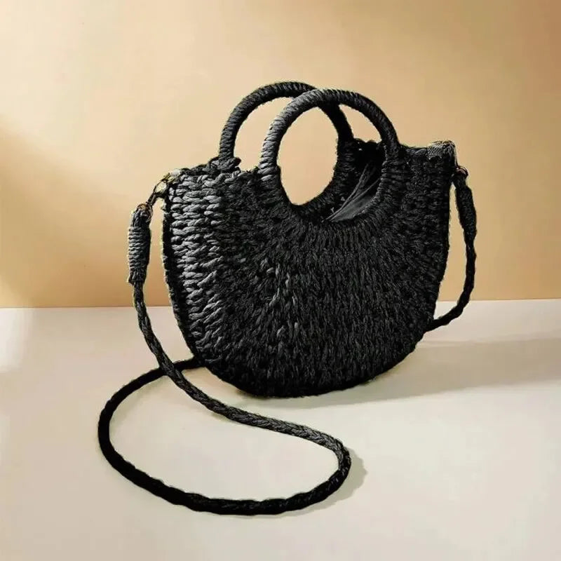 Straw Rattan Half-Moon Beach Handbag - Piña Colada