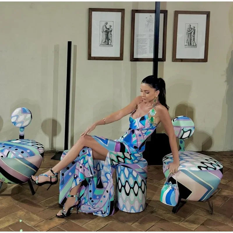 Chic Print Sling Long Dress Women Sleevless Backless - Piña Colada