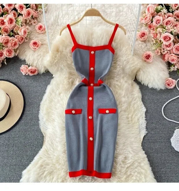 Patchwork Knit Mini Dress – Spaghetti Strap Streetwear - Piña Colada