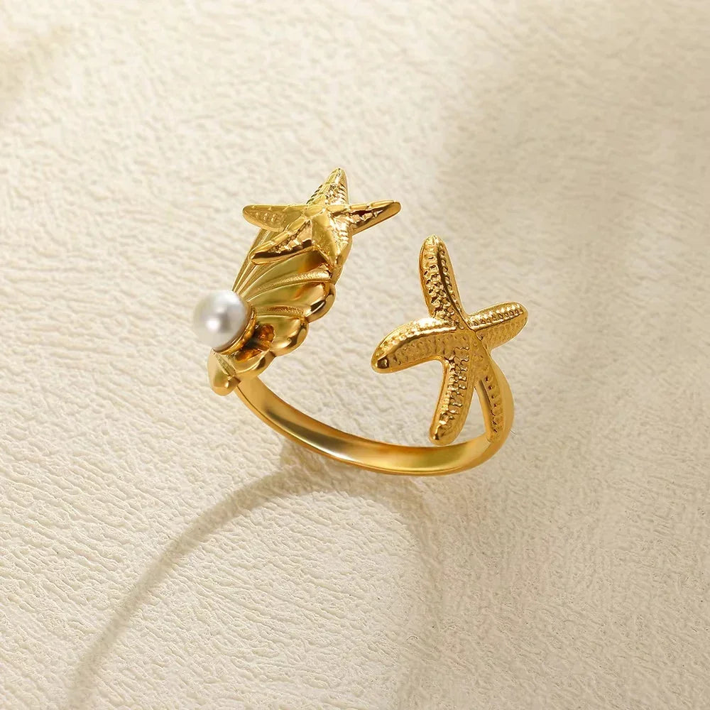 Gold Ocean Starfish & Shell Open Ring - Piña Colada