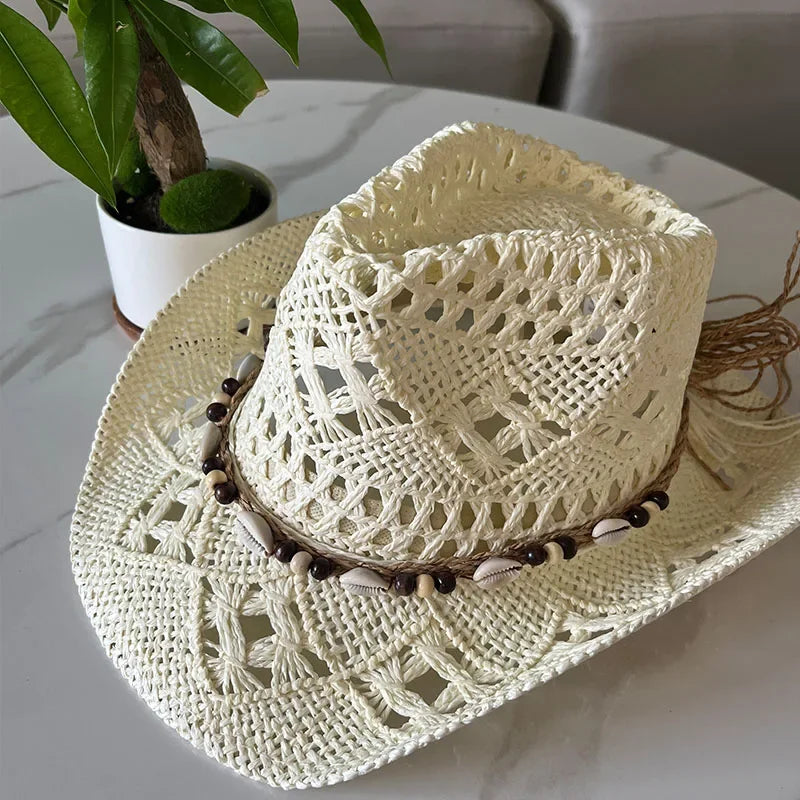 Summer Bohemian Shell Straw Hat - Piña Colada