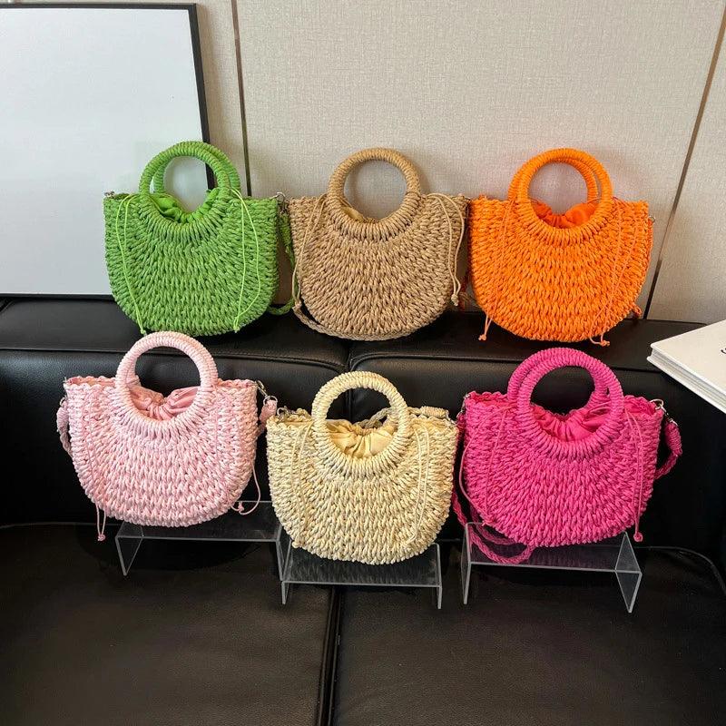 Boho Rattan Half-Moon Crossbody Bag – Handwoven Summer Straw Shoulder Purse - Piña Colada